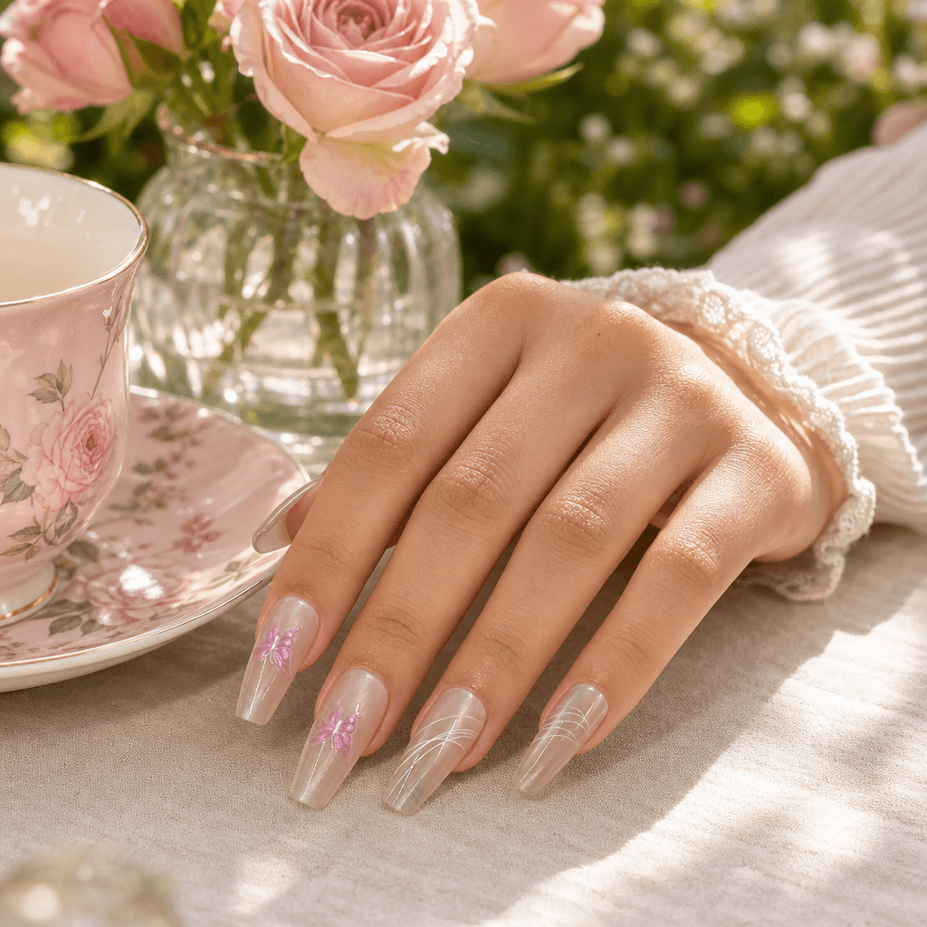 Uñas postizas nude con mariposas